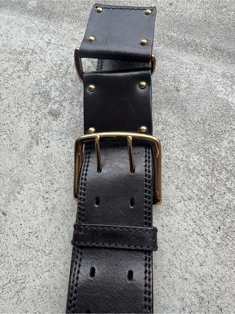 Linea Pelle Wide Dark Brown Leather Belt with Gold-Tone Hardware L 30-34” Y2K